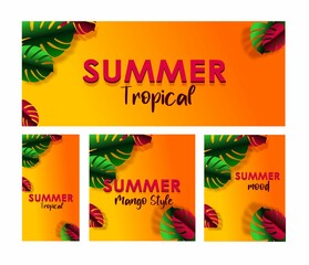 Template layouts in tropical style. Tropical leaves and papaya. Exotic botany. Frame for the design. A set of vector tropical banners. Background in bright colors. Suitable for website, spa, postcards