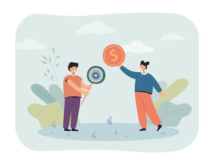 Cartoon girl offering boy money for lollipop. Children exchanging gold coin and candy flat vector illustration. Childhood, financial education concept for banner, website design or landing web page