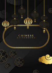 Obraz na płótnie Canvas Black and gold chinese china background with lantern, lamp, border, frame, pattern, symbol, cloud, rigid fixed fan and flower.