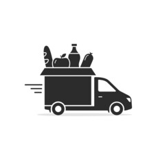 Lorry truck delivering food vector icon isolated illustration. Truck with grocery food in a cardboard box