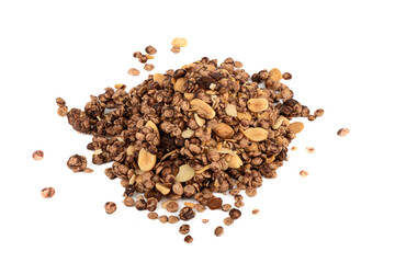 Muesli with chocolate and nuts on a white background.