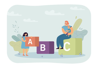Mother with son and daughter holding big alphabet cube. Girl playing with blocks with letters flat vector illustration. Family, education concept for banner, website design or landing web page