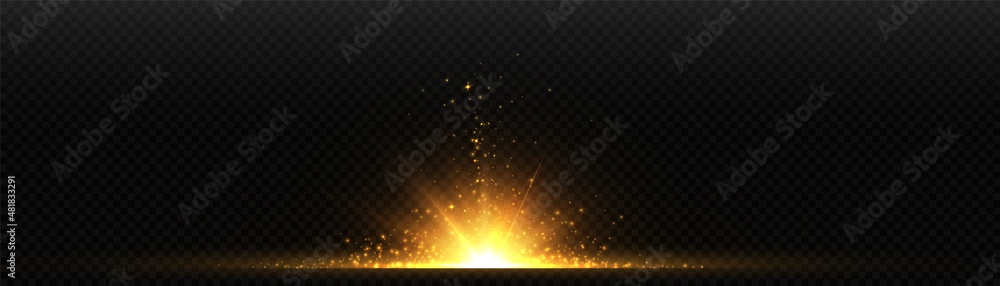 Poster bright yellow light effect, flash of light in outer space for vector illustration.