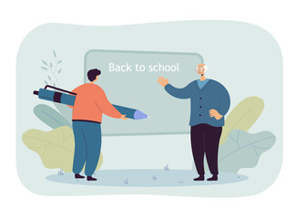 Elderly teacher and student with huge pen next to blackboard. Senior person and male character in classroom flat vector illustration. Back to school, education concept for banner or landing web page