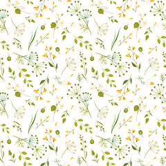 Beautiful floral seamless pattern with cute watercolor hand drawn wild flowers. Stock illustration.