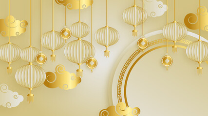 Modern 3d gold chinese china background with lantern, lamp, border, frame, pattern, symbol, cloud, rigid fixed fan and flower.
