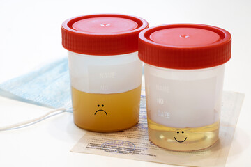 Urine container and direction, good and bad urinalysis. Disposable container for taking biomaterial.