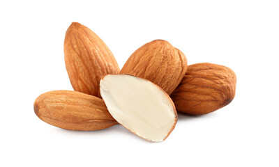 Organic almond nuts on white background, closeup. Healthy snack