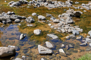 Close-up of clear water flowing through pebbles in stream in Cordoba, Argentina. Horizontal. wallpaper