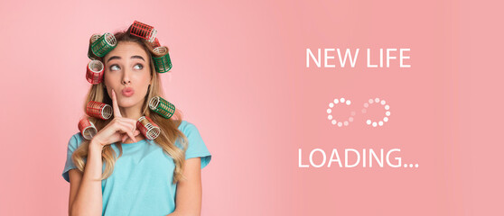 Pensive young blonde housewife thinking about her goals and plans for future, collage with NEW LIFE loading throbber