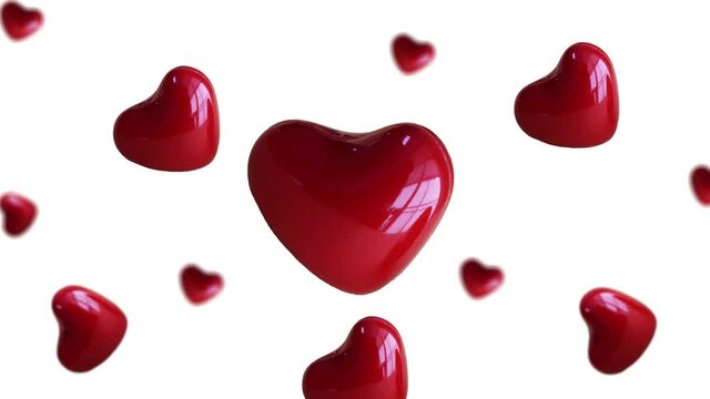 Collection of many different diameters red heart, flying and wiggle on a white color background. Valentine's, Date, Wedding holidays party concept. 4k motion design graphics art footage