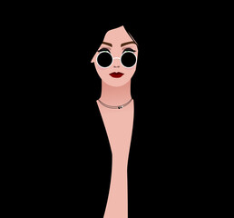 A fashion portrait of a glamorous elegant woman in black in gothic style clothing with sunglasses on. Vector flat minimalist illustration with a negative space. 