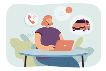 Online work of taxi service dispatcher with headset. Woman taking cab orders, payments from passengers from booking application, working with laptop flat vector illustration. Business, travel concept