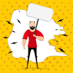 A guy with an empty banner and space for your text. Pop art cartoon style. Vector