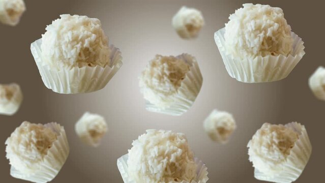 Coconut balls, raw and healthy sugar free rafaello candies flying and wiggle on trending grey pastel color animation background. Love template for Date, Wedding, 8 March, Womens. 4k - Valentine's Day 