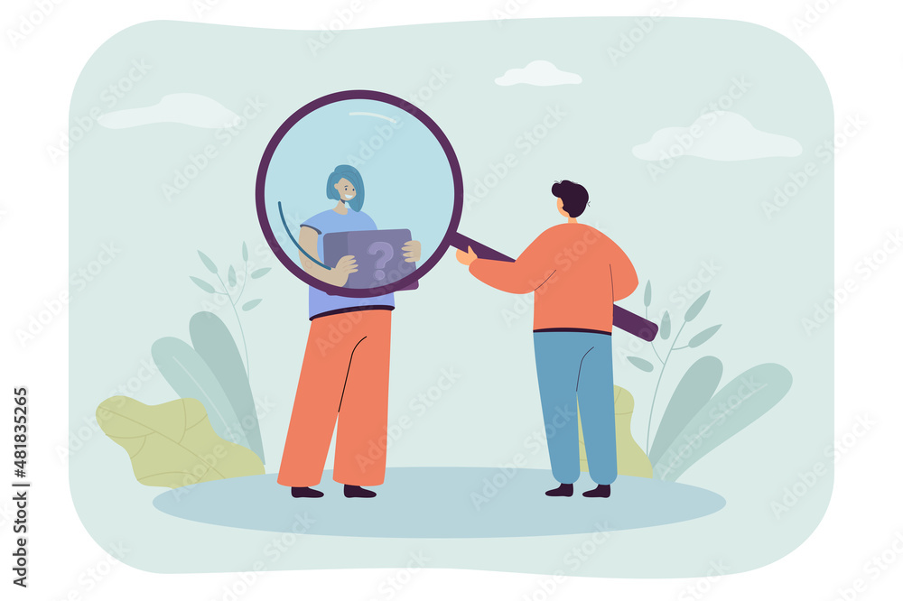 Poster man looking through magnifier at girl holding tablet with interrogation mark. survey of target audie