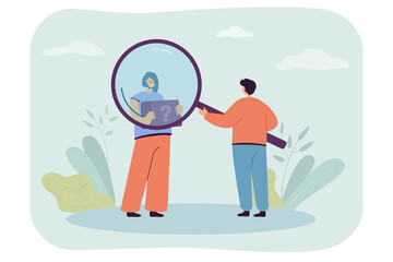 Man looking through magnifier at girl holding tablet with interrogation mark. Survey of target audience flat vector illustration. Focus group concept for banner, website design, landing web page