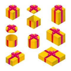 Yellow gift box red ribbon icon set color vector logo 3d isometric perspective. Isolated realistic wrapped bow giftbox on white background. Celebration birthday holidays date present concept design