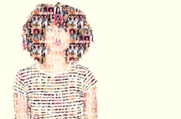 Faces of fun. Composite image of a diverse group of people superimposed on a woman's face.