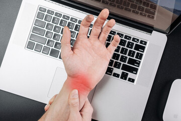 Median nerve. Carpal tunnel in hand pain. Man injury wrist. Arthritis office syndrome is...