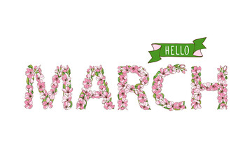 Hello March. Vector card with letters of apple tree flowers