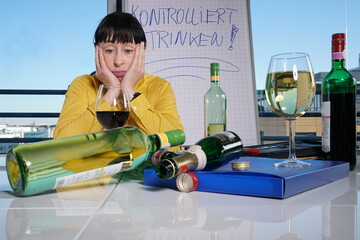 betrunkene Frau mit gelber Bluse, sitzt im Büro und starrt auf ein Glas Wein, viele Flaschen im...