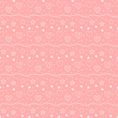 Romantic seamless pattern with a heart. Happy Valentine s Day. White outline hearts, dots and stars on a pink background.