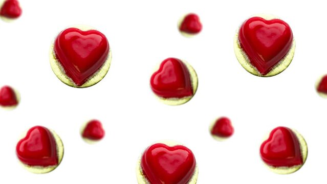 Animated Heart shaped mousse cheese cake decorated red chocolat icing flying and wigglein in the air on a white color. Valentines day, Date, Wedding, 8 March, Womens gift. Romantic love concept