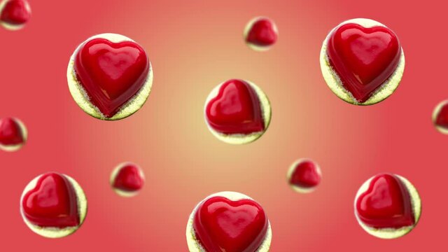 Flying and wiggle of different diameters Heart shape mousse cake decorated red chocolate glaze on red gradient color background. Romantic Love concept for St. Valentine's and women day. Motion design
