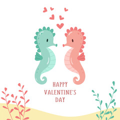 Cute cartoon seahorses in love. Concept for Valentine's Day. Vector illustration, isolated on a white background.