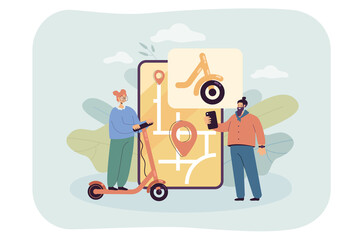People using mobile application for electric scooters sharing. Tiny man and woman standing with rental scooter and city map on smartphone screen flat vector illustration. Rent, transport concept