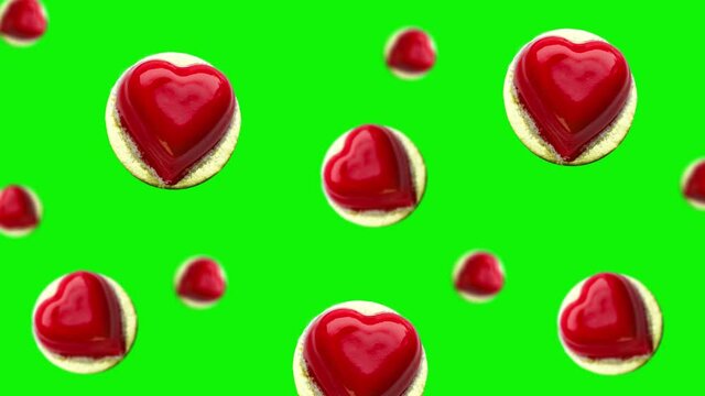 Animated Heart shaped mousse cheese cake decorated red chocolat icing flying and wigglein in the air  on isolated background. Valentines day, Date, Wedding, 8 March, Womens gift. Romantic love concept