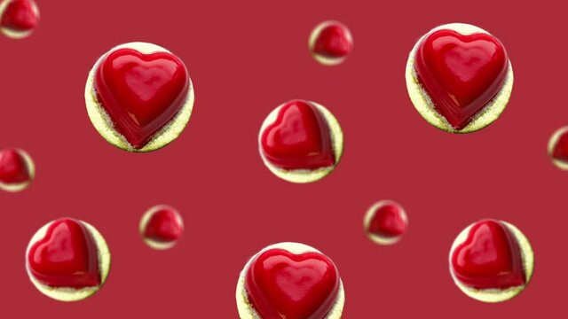 Animated Modern mousse cake.Heart shape cake covered with red chocolate glaze on red color background. High quality 4k footage.Concept for Wedding , St. Valentine's Day, Mother's Day, Birthday Cake. 