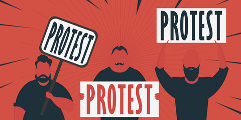 Boy with a banner in his hands and text protest Pop art Flat style. Vector