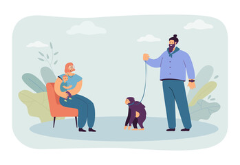 Cartoon man with monkey on leash next to mother with baby. Woman looking at exotic pet, contact zoo flat vector illustration. Family, wild animals concept for banner, website design or landing page