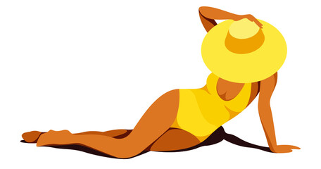 vector illustration on the theme of summer holidays. beautiful tanned girl in a yellow swimsuit sunbathes on the beach in the shade of palm tree. useful for summer holidays, resorts, hotels, beaches.