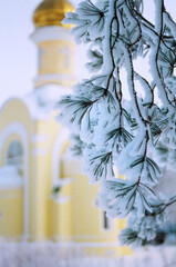 Christian orthodox church golden domes under clear blue sky