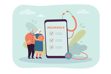 Fototapeta premium Old couple standing next to big phone with medical insurance. Pensioner with gold coin, checklist on screen flat vector illustration. Elderly care, medicine, health, technology concept for banner