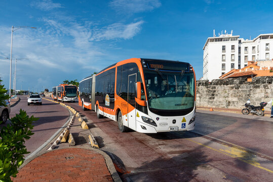 Cartagena, Bolivar, Colombia. November 3, 2021: Transcaribe bus in the walled city.