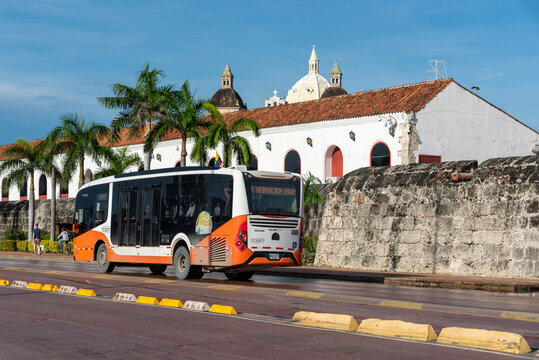 Cartagena, Bolivar, Colombia. November 3, 2021: Transcaribe bus in the walled city.