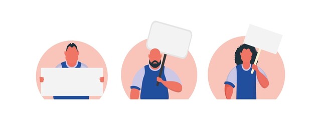 A group of Men with with a blank banner in their hands isolated. Flat style. Vector