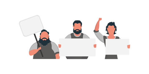 A group of Men with with a blank banner in their hands isolated. Flat style. Vector
