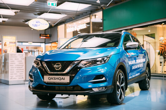 Vilnius, Lithuania - September 21, 2017: Blue color compact crossover SUV Car Nissan Qashqai In Hall Of Shopping Center. SUV produced by the Japanese car manufacturer Nissan since 2006