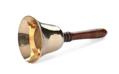 Obraz na płótnie Canvas Golden school bell with wooden handle isolated on white