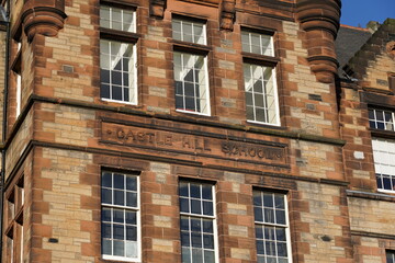 Fototapeta na wymiar Castle Hill School, Edinburgh. Scotland, United Kingdom. Front sign.