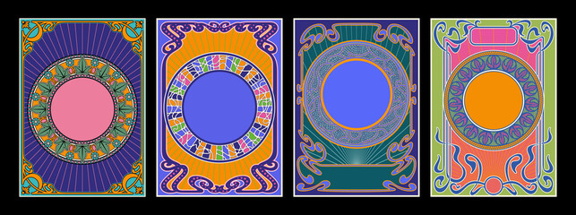 Psychedelic Art Nouveau Backgrounds, Mosaic Ornaments, Retro Decor, 1960s Psychedelic Colors - obrazy, fototapety, plakaty