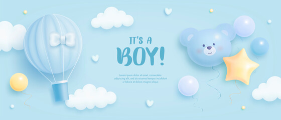 Baby shower horizontal banner with cartoon hot air balloon, helium balloons and clouds on blue background. It's a boy. Vector illustration - obrazy, fototapety, plakaty
