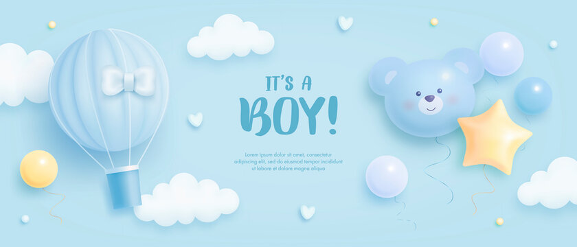 Fototapeta Baby shower horizontal banner with cartoon hot air balloon, helium balloons and clouds on blue background. It's a boy. Vector illustration