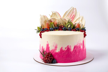 Beautiful cake on a white background. Original decorate cake with white icing feathers.