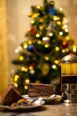 Christmas morning. Cake with coffee for christmas breakfast.
